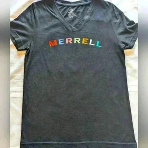 Merrell Women's Black Colorful Logo Short Sleeve T-shirt Tee V-Neck size XS